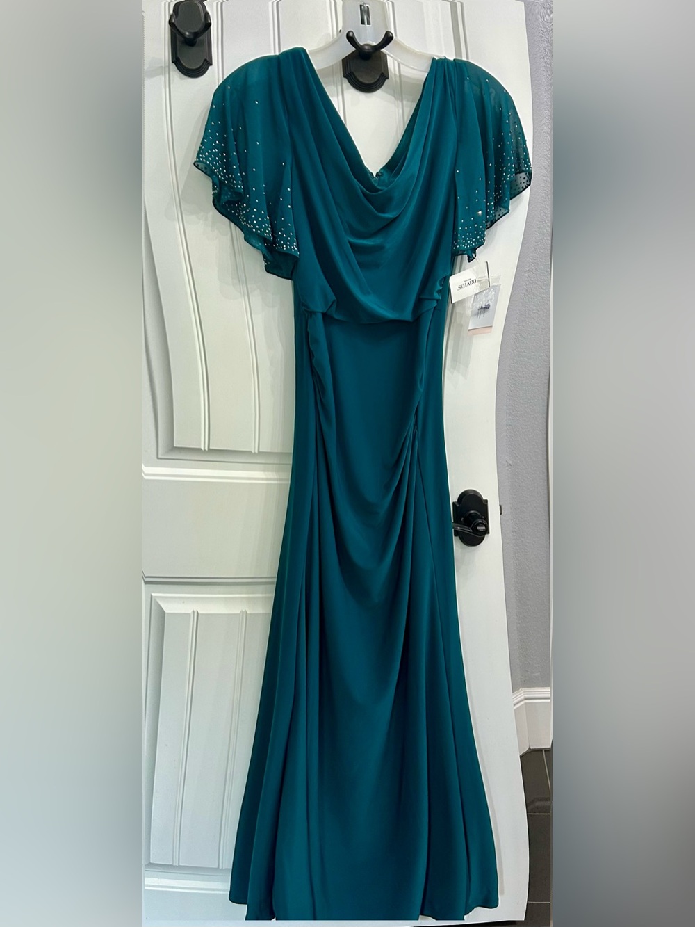 Oleg Cassini Teal Evening Maxi Dress with Beaded Cape Sleeves